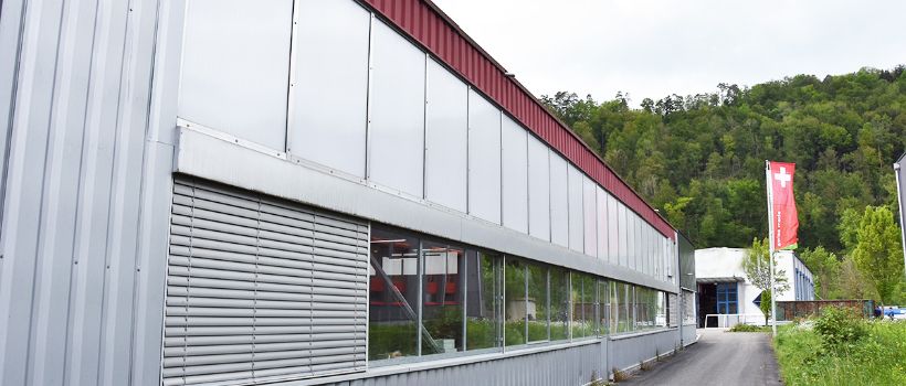 Wandverglasung mit Sprossen einer Fabrikhalle