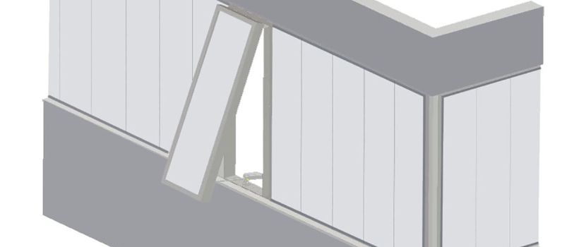 Eine Lichtkuppel, bestehend aus Zarge, Kuppel und Öffnungssvorrichtung, auf einem Flachdach montiert. Die Öffnungsvorrichtung, hier pneumatisch, ermöglicht Öffnungswinkel von 140° für eine optimale RWA-Entrauchung.
